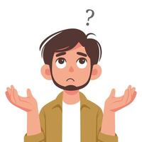 un perplejo hombre se encoge de hombros debajo un pregunta marca inseguro de el situación, dibujos animados ilustración vector