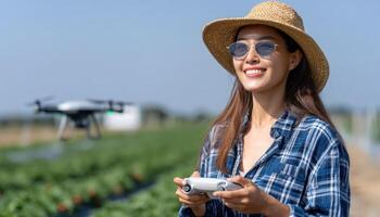 Engaging Asian Woman Operating Drone in a Field Outdoor Background Copyspace photo