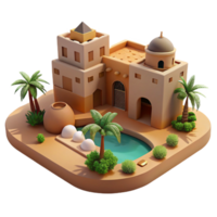 éblouissant Créatif une désert oasis avec traditionnel boue brique bâtiments, chaud lumière du soleil, paisible atmosphère, milieu est style, détaillé png