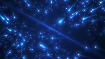 Abstract background of blue dust particles emitting bright rays of light. Particles on a dark background. Motion of glowing brighting particles. Seamless looping animation video