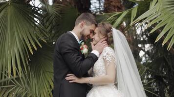 Newlyweds. Caucasian groom with bride in the park. Wedding couple. Happy family video