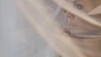 Portrait of bride face close-up under veil, girl touching her lips, wedding morning preparations video