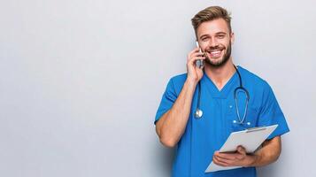 Smiling male doctor talking on phone and holding clipboard photo