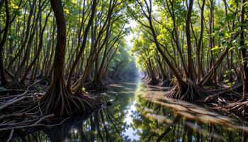 a dense mangrove swamp with tangled roots, still water, and shafts of sunlight breaking through. photo