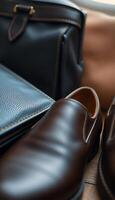 pair of brown shoes sitting next to a purse photo