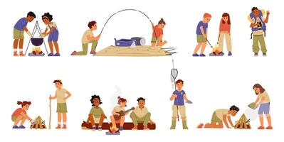 multirracial niños cámping plano ilustraciones conjunto aislado en blanco. diverso niños haciendo comida en fuego, jugando ukelele, haciendo hoguera, pesca, asado malvavisco, poniendo arriba un carpa. vector