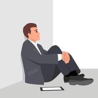 estresado empresario en aislamiento. preocupado empresario en un traje se sienta solo en un esquina. vector