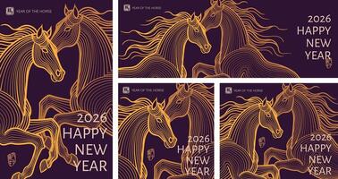 2026 Chinese New Year ,Year of the Horse Greeting Designs. Line Art Horse Illustrations for Cover, Card, Poster, Banner and Flyer Templates vector