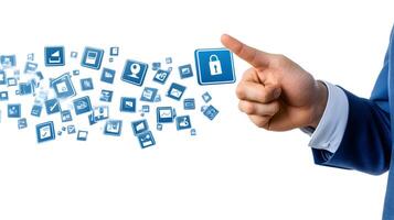 Finger Pointing at Security Padlock Icon Among Social Media and Business Application Icons on White photo
