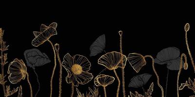 Abstract floral background with gray and golden line art of poppy flowers and leaves. Hand drawn poppies flowers background and pattern frame. design of card, banner, invitation and packaging vector