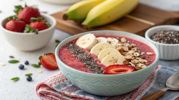 delicioso zalamero cuenco con Fresco fresas, plátanos, y chia semillas, Listo a comer. foto